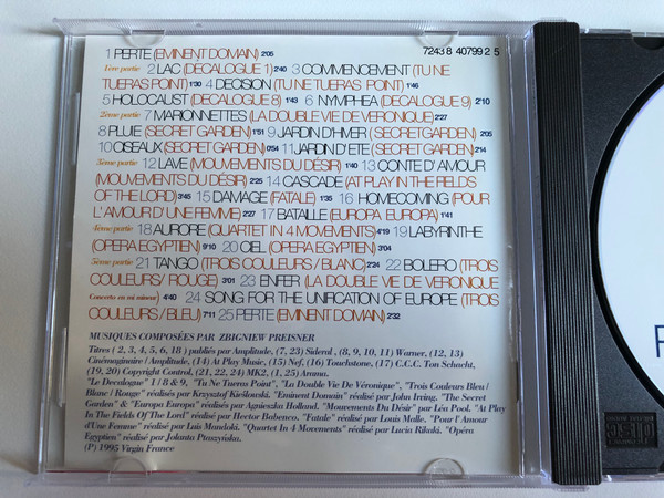 Preisner's Music / Contient: La Double Vie De Veronique, Bleu Blanc Rouge, Le Decalogue, Europa Europa, Fatale,... / Virgin Audio CD 1995 / 724384079925