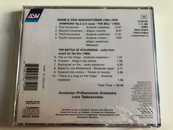 Khachaturian – Symphony No. 2 "The Bell", Battle Of Stalingrad - Suite / Armenian Philharmonic Orchestra, Loris Tjeknavorian / ASV Digital Audio CD 1993 / CD DCA 859