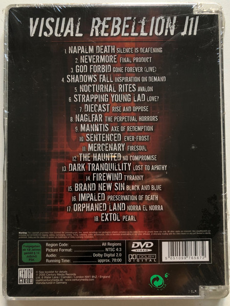 Visual Rebellion III / 18 essential metal videos / Featuring: Napalm Death, Nevermore, God Forbid, Shadows Fall, Nocturnal Rites, Strapping Young Lad, Diecast, Naglfar, Manntis, Sentenced, Mercenary, The Haunted / Century Media DVD CD 2005 / 77656-7P