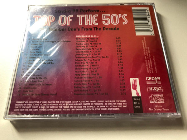 Studio 99 Perform... - Top Of The 50’s - The Number One’s From The Decade! / Featuring... Dream Lover, What Ever Will Be Will Be, All Shook Up, Diana, Who's Sorry Now Manyy -More / Cedar Audio CD / GFS484