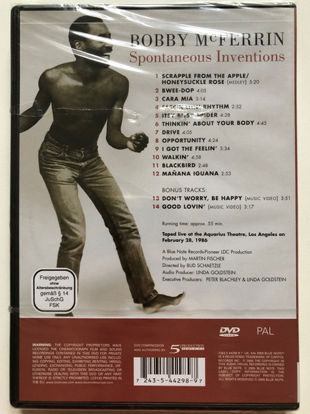 Bobby McFerrin . Spontaneus Inventions DVD 1986 Directed by Bud Schaetzle / Scrapple from the Apple / Honeysuckle Rose, Drive, Opportunity, Blackbird, Don't Worry, be Happy / Blue Note Records (724354429897)