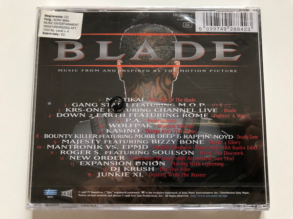 Blade (Music From And Inspired By The Motion Picture) / Featuring new and unreleased music from ''Gang Starr & M. O. P., KRS-One & Channel Live, Mystikal, Majesty featuring Bizzy Bone / Epic Audio CD 1998 / 492884 2 