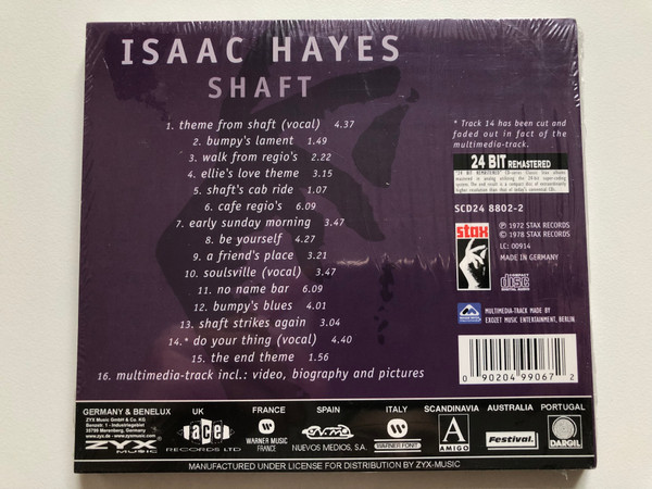 Shaft - SHAFT-Music from the Soundtrack, Composed and Performed by Isaac Hayes / ZYX Music Audio CD 2001 / SCD24-8802-2