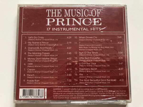 The Music Of Prince 17 Instrumental Hits - Diamonds & Pearls / My Name Is Prince, Cream, Purple Rain, When Doves Cry, Sign O' The Times, Little Red Corvette and many more... / Hits'N'Hits / Elap Music Audio CD / 3828CD