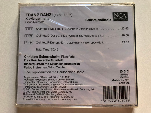 Franz Danzi - Klavierquintette op. 41, op. 53,1, op. 54,2 / Christine Schormsheim - pianoforte / Das Reicha'sche Quintett / New Classical Adventure Audio CD 2001 / 60102-215