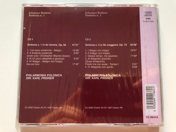 Platinum 2 - Brahms - Sinfonia n. 1, Sinfonia n. 2 / Philharmonia Polonica, Karl Prisner / Classic Art 2x Audio CD 2000 / CC 200.014 