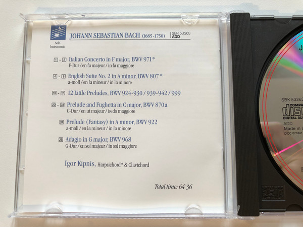 Bach - Italian Concerto, English Suite No. 2, 12 Little Preludes - Igor Kipnis / Essential Classics, Solo Instruments / Sony Classical Audio CD 1993 / SBK 53 263