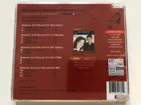 W.A. Mozart - Gary Cooper, Rachel Podger – Complete Sonatas For Keyboard And Violin - Volume 2 / Channel Classics CD Audio 2005