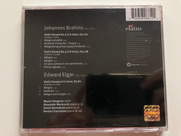 Brahms, Elgar - Violin Sonatas / Maxim Vengerov, Alexander Markovich, Daniel Barenboim, Revital Chachamov / Elatus Audio CD 2003 / 2564 60661-2