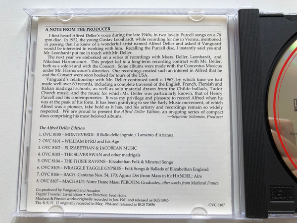 Guillaume de Machaut - Notre Dame Mass, Master Perotin: Graduales, Sacred Music of Medieval France / Alfred Deller - director and counter-tenor with historic instruments / Vanguard Classics Audio CD 1997 Stereo / OVC 8107