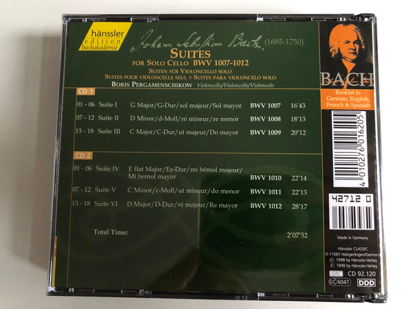 Johann Sebastian Bach - Suites For Solo Cello BWV 1007 - 1012 / Boris Pergamenschikow - violoncello / Hänssler Edition Bachakademie / Hänssler Classic 2x Audio CD 1998 / CD 92.120