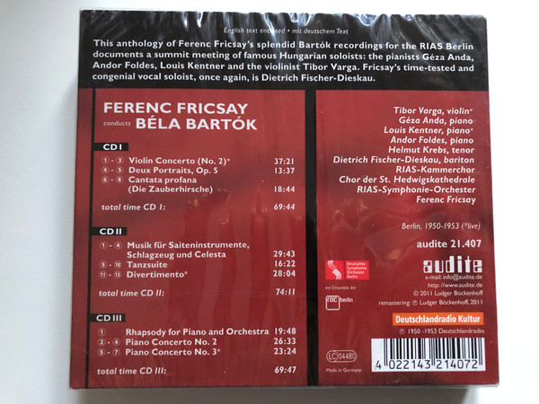 Ferenc Fricsay Conducts Béla Bartók (The Complete RIAS Recordings) / Geza Anda, Dietrich Fischer-Dieskau, Louis Kentner, Helmut Krebs, Andor Foldes, Tibor Varga / Audite 3x Audio CD 2011 / 21.407