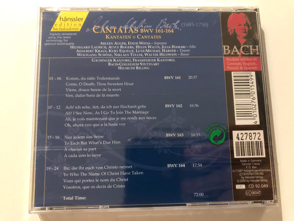 Johann Sebastian Bach - Cantatas BWV 161 - 164 / Komm,Du Süße Todesstunde, Ach! Ich Sehe,Itzt,Da Ich Zur Hockzeit Gehe, Nur Jedem Das Seine, Ihr,Die Ihr Euch Von Christo Nennet / Hänssler Classic Audio CD 2000 / CD 92.049