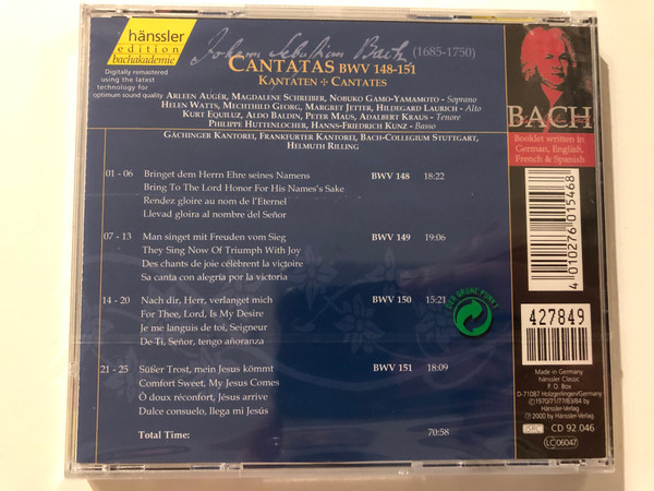 Johann Sebastian Bach - Cantatas BWV 148-151 / Bringet dem Herrn Ehre seines Namens, Man Singet Mit Freuden Vom Sieg, Nach dir,Herr,verlanget mich, Süßer Trost,Mein Jesus Kömmt / Hänssler Classic Audio CD 2000 / CD 92.046