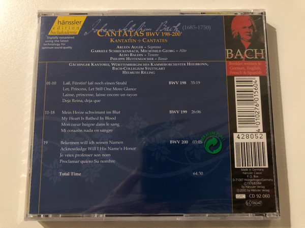 Johann Sebastian Bach - Cantatas BWV 198-200 / Las,Furstin! Las Noch Einen Strahl, Mein Herze schwimmt im Blut, Bekennen will ich seinen Namen / Bach-Ensemble, Helmuth Rilling / Hänssler Classic Audio CD 2000 / CD 92.060