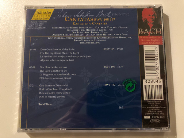 Johann Sebastian Bach - Cantatas BWV 195-197 / Dem Gerechten Muss Das Licht, Der Herr Denket An Uns, Gott Ist Unsre Zuversicht / Bach-Ensemble, Helmuth Rilling / Hänssler Classic Audio CD 2000 / CD 92.059
