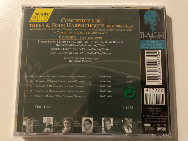 Johann Sebastian Bach - Concertos for Three & Four Harpsichords BWV 1063-1065, Concertis BWV 10044, 1050a / Robert Levin, Mario Videla, Michael Behringer, Boris Kleiner (harpsichord), Isabelle Faust / Hänssler Classic Audio CD 2000 / CD 92.130 