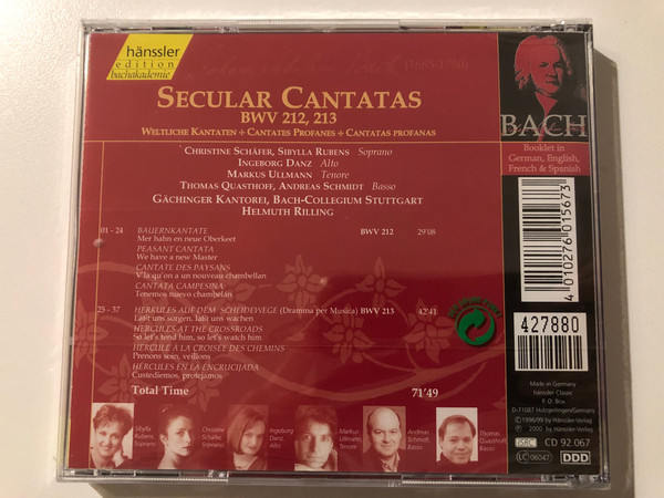Johann Sebastian Bach - Secular Cantatas BWV 212, 213 / Bauernkantate, Herkules auf dem Scheidewege / Christine Schäfer, Sibylla Rubens, Ingeborg Danz, Markus Ullmann, Thomas Quasthoff / Hänssler Classic Audio CD 2000 / CD 92.067