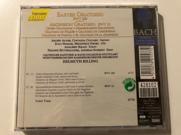 Johann Sebastian Bach - Easter Oratorio BWV 249 - Ascension Oratorio BWV 11 / Arleen Auger, Costanza Cuccaro, Julia Hamari, Mechtchild Georg, Adalbert Kraus, Philippe Huttenlocher, Andreas Shmidt / Hänssler Classic Audio CD 2000 / CD 92.077