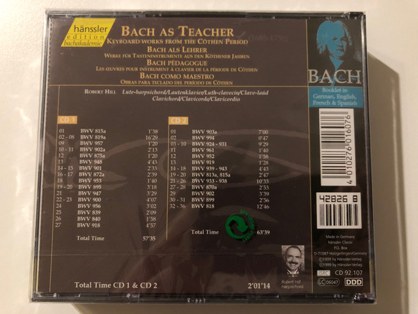 Johann Sebastian Bach - Bach As Teacher - Keyboard Works From The Cöthen Period / Robert Hill (lute-harpsichord, clavichord) / Hänssler Edition Bachakademie 2x Audio CD 1999 / CD 92.107