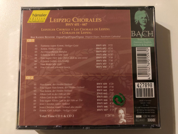 Johann Sebastian Bach - Organ Works - Leipzig Chorales BWV 651 - 667 / Bine Katrine Bryndorf - organ / Hänssler Edition Bachakademie 2x Audio CD 2000 / CD 92.097