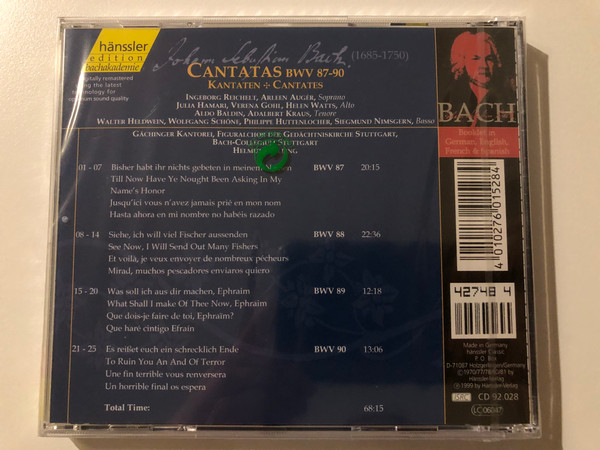 Johann Sebastian Bach - Cantatas BWV 87-90 / Bisher habt ihr nichts gebeten in meinem Namen, Siehe, ich will viel Fisher aussenden, Was soll ich aus dir machen, Ephraim / Bach-Ensemble / Hänssler Classic Audio CD 1999 / CD 92.028