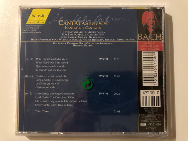 Johann Sebastian Bach - Cantatas BWV 94-96 / Was frag ich nach der Welt, Christus, der ist mein Leben, Herr Christ,der einge Gottessohn / Bach-ensemble, Helmuth Rilling / Hänssler Classic Audio CD 1999 / CD 92.030