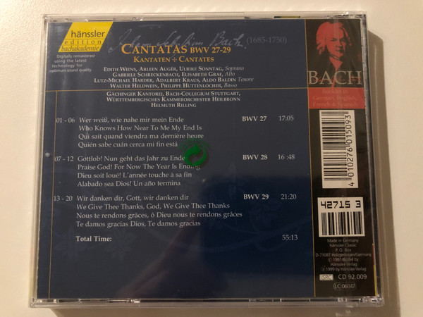 Johann Sebastian Bach - Cantatas 27 - 29 / Wer weiss, wie nahe mir mein Ende; Gottlob! Nun geht das Jahr zu Ende; Wir danken dir, Gott / Bach-Ensemble, Helmuth Rilling / Hänssler Classic Audio CD 1999 / CD 92.009