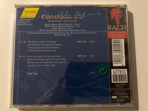 Johann Sebastian Bach - Cantatas BWV 146, 147 / Wir Müssen Durch Viel Trübsal; Herz Und Mund Und Tat Und Leben / Bach-Ensemble, Helmuth Rilling / Hänssler Edition Bachakademie / Hänssler Classic Audio CD 2000 / CD 92 045 