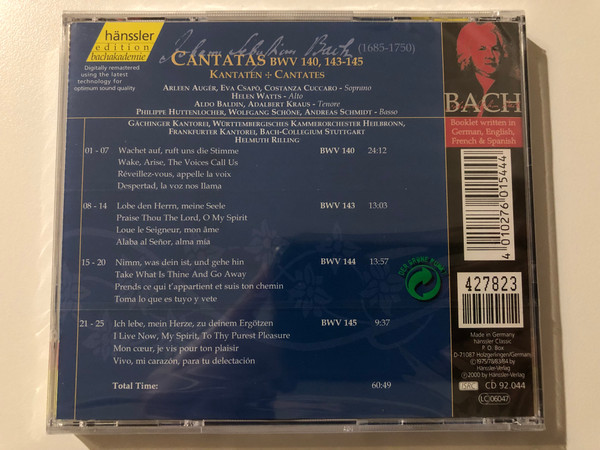 Johann Sebastian Bach - Cantatas BWV 140, 143-145 / Wachet Auf, Ruft Uns Die Stimme; Lobe Den Hernn, Meine Seele; Nimm, Was Dein Ist, Und Gehe Hin; Ich Lebe, Mein Herze, Zu Deinem Ergötzen / Hänssler Classic Audio CD 2000 / CD 92.044