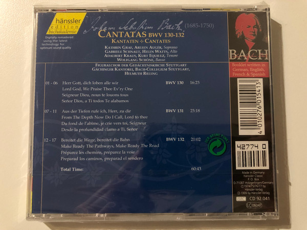 Johann Sebastian Bach - Cantatas BWV 130 - 132 / Herr Gott, Dich Loben Alle Wir; Aus Der Tiefen Rufe Ich, Herr Zu Dir; Bereitet Die Wege, Bereitet Die Bahn / Bach-Ensemble, Helmuth Rilling / Hänssler Classic Audio CD 1999 / CD 92.041