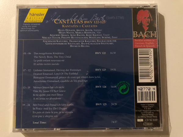 Johann Sebastian Bach - Cantatas BWV 122-125 / Das neugeborne Kindelein; Liebster Immanuel, Herzog der Frommen; Meinen Jesum Las ich nicht; Mit Fried und Freud ich fahr dahin / Hänssler Classic Audio CD 1999 / CD 92.039