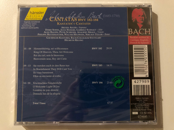 Johann Sebastian Bach - Cantatas BWV 182-184 / Himmelskonig, sei willkommen; Sie werden euch in den Bann tun; Erwunschtes Freudenlicht / Bach-Ensemble, Helmuth Rilling / Hänssler Classic Audio CD 2000 / CD 92.055
