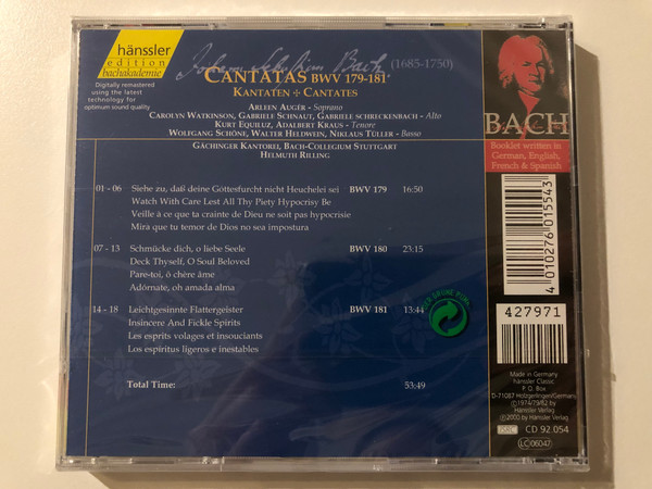 Johann Sebastian Bach - Cantatas BWV 179 -181 / Siehe Zu, Daẞ Deine Gottesfurcht Nicht Heudechelei Sei; Schmücke Dich, O Liebe Seele; Leichtgesinnte Flettergeister / Bach-Ensemble, Helmuth Rilling / Hänssler Classic Audio CD 2000 / CD 92.054
