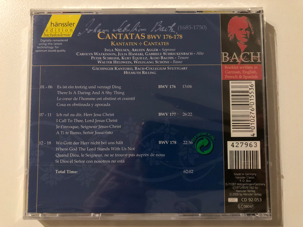 Johann Sebastian Bach - Cantatas BWV 176-178 / Es Ist Ein Trotzig Und Verzagt Ding; Ich Ruf Zu Dir, Herr Jesu Christ; Wo Gott Der Herr Nicht Bei Uns Hält / Bach-Ensemble, Helmuth Rilling / Hänssler Classic Audio CD 2000 / CD 92.053