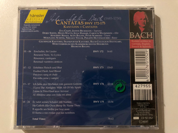 Johann Sebastian Bach - Cantatas BWV 172 - 175 / Erschallet, Ihr Lieder; Erhöhtes Fleisch Und Blut; Ich Liebe Den Höchsten Von Ganzem Gemüte; Er Rufet Seinen Schafen Mit Namen / Bach-Ensmeble / Hänssler Classic Audio CD 2000 / CD 92.052