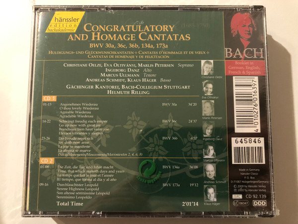 Johann Sebastian Bach - Congratulatory and Hommage Cantatas BWV 30a, 36c, 36b, 134a, 173a / Christian Oelze, Eva Oltivanyi, Marlis Petersen, Ingeborg Danz / Hänssler Edition Bachakademie 2x Audio CD 2000 / CD 92.139