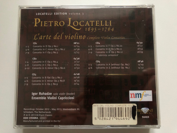 Locatelli Edition - Volume 3 / Locatelli L'arte Del Violino - Complete Violin Concertos / Igor Ruhadze, Ensemble Violini Capricciosi / Brilliant Classics 5x Audio CD 2013 / 94469