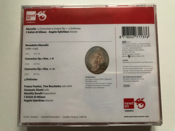 Marcello - Concertos a cinque Op. 1: 5 Sinfonias / I Solisti di Milano, Angelo Ephrikian / Newton Classics 3x Audio CD 2012 / 8802137