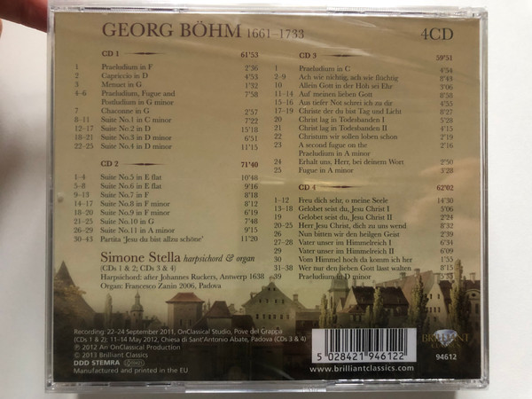 Georg Böhm - Complete Harpsichord And Organ Music - Simone Stella / Brilliant Classics 4x Audio CD 2013 / 94612