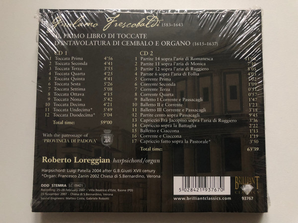 Frescobaldi - Toccatas & Partitas / Roberto Loreggian - Harpsichord / Frescobaldi Edition – Volume 1 / Brilliant Classics 2x Audio CD / 93767