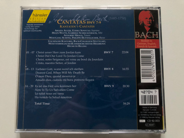 Johann Sebastian Bach - Cantatas BWV 7-9 / Christ unser Herr zum Jordan kam; Lieber Gott, wann werd ich sterben; Es ist das Heil uns kommen her / Hänssler Edition Bachakademie Audio CD 1998 / CD 92.003