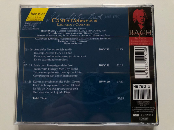 Johann Sebastian Bach - Cantatas BWV 38-40 / Aus tiefer Not schrei ich zu dir; Brich dem Hungrigen dein Brot; Darzu ist Erschienen der Sohn Gottes / Bach-Ensemble / Hänssler Edition Bachakademie Audio CD 1999 / CD 92.013