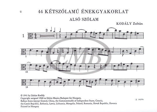 Kodály Zoltán: 44 Two-part Excercises / lower part / Editio Musica Budapest Zeneműkiadó / 1955 / Kodály Zoltán: 44 kétszólamú énekgyakorlat / alsó szólam