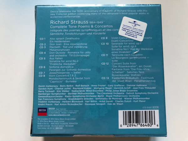 Strauss - Complete Tone Poems & Concertos / Blomstedt, Ashkenazy, Dorati, Dutoit, Masur, Previn, Sinopoli, de Waart, Belkin, Graffman, Schiff, Thibaudet, Tuckwell / Collectors Edition / Decca 7x Audio CD 2014, Box Set / 478 6480