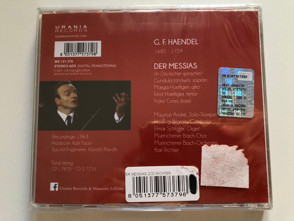 Haendel: Der Messias - Richter / Janowitz, Hoeffgen, Haefliger, Crass - Andre' Bilgram, Schloter, Muenchener Bach-Chor, Muenchener Bach-Orchester / Urania Records 2x Audio CD 2019 Stereo / WS 121.379