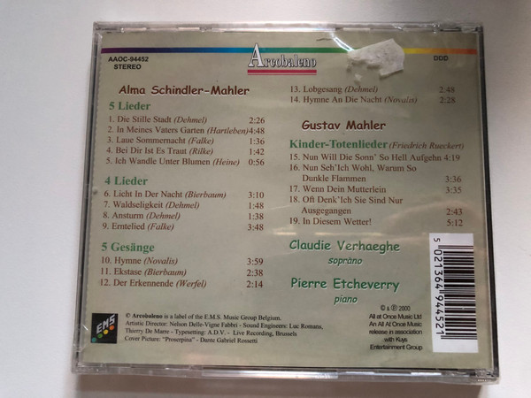 Alma Schindler-Mahler, Gustav Mahler - Lieder / Claudie Verhaeghe - soprano, Pierre Etcheverry - piano / All at Once Music Audio CD 2000 Stereo / AAOC-94452