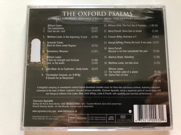The Oxford Psalms - Lawes; Blow; Child; Jeffreys; Locke; Purcell / Charivari Agreable, Director Kah-Ming Ng / Signum Classics Audio CD 2007 / SIGCD093
