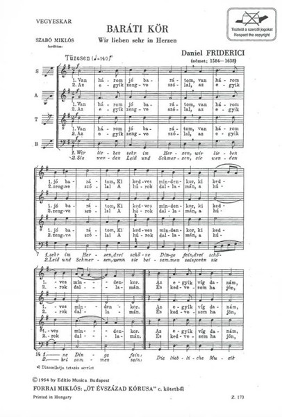 Friderici, Daniel: Baráti kör / Translated by Szabó Miklós / Editio Musica Budapest Zeneműkiadó / 1951