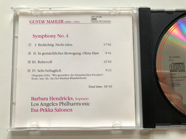 Mahler - Symphony No. 4 / Barbara Hendricks, Los Angeles Philharmonic, Esa-Pekka Salonen / Sony Classical Audio CD 1992 / SK 48 380